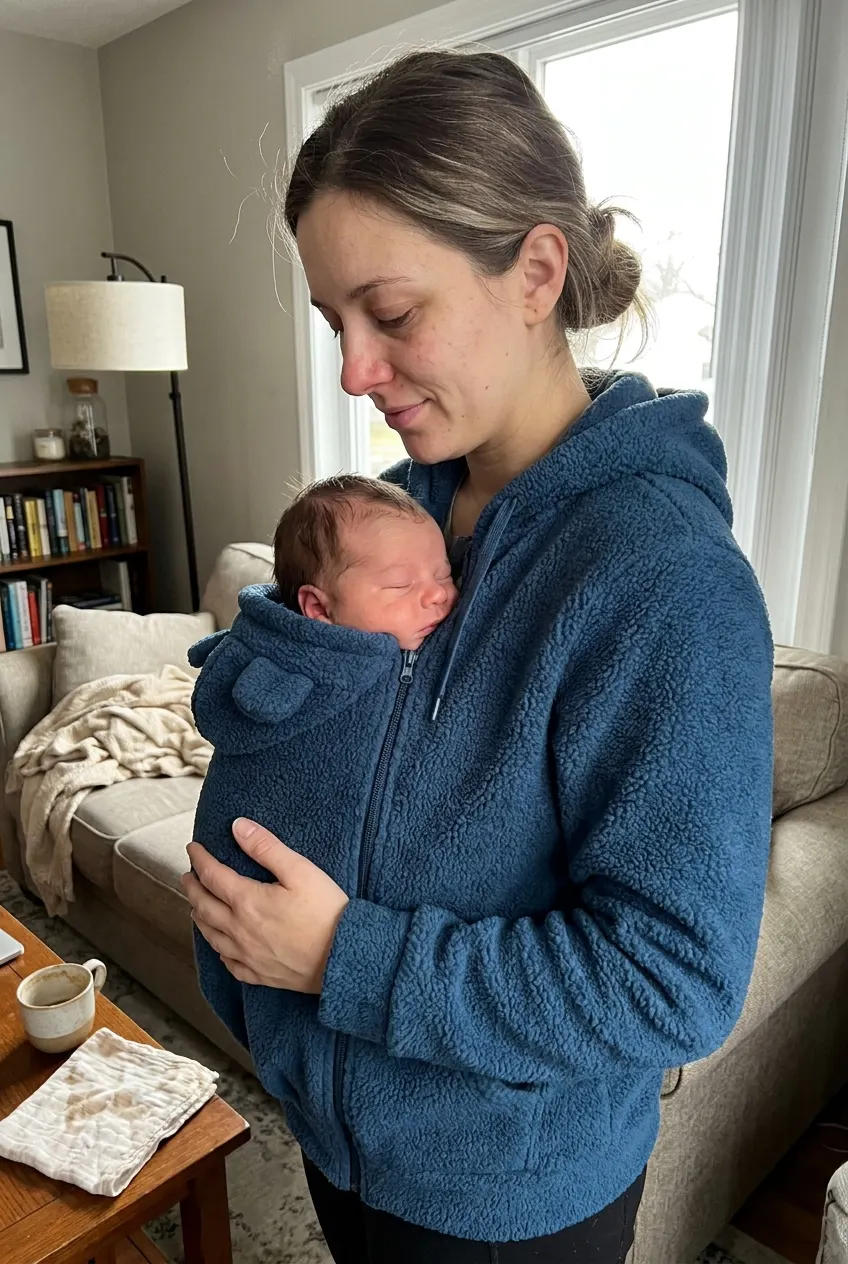 Side view of a parent wearing the fleece hoodie with the panel zipped, baby upright and facing inward, head above the pouch and face fully visible