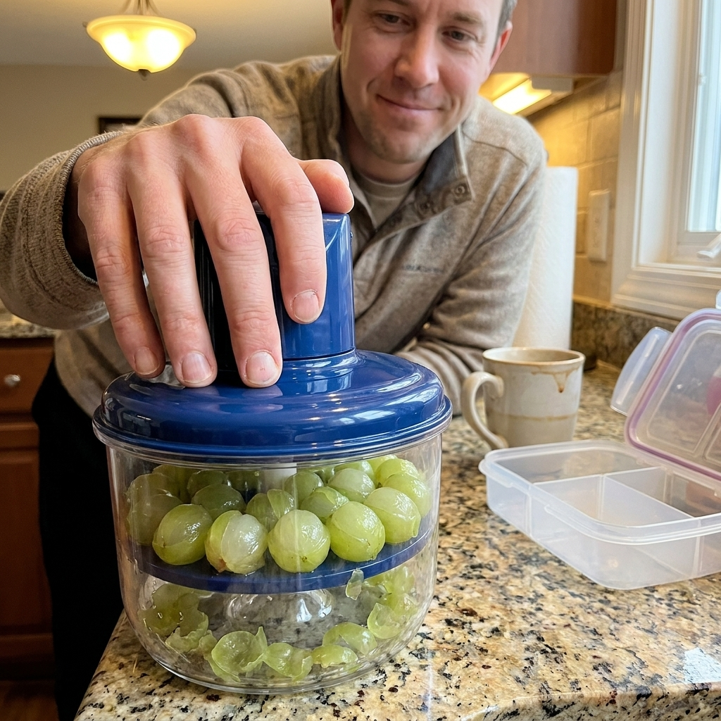 Automatic fruit peeler mid-cycle with grapes changing color as skin strips off