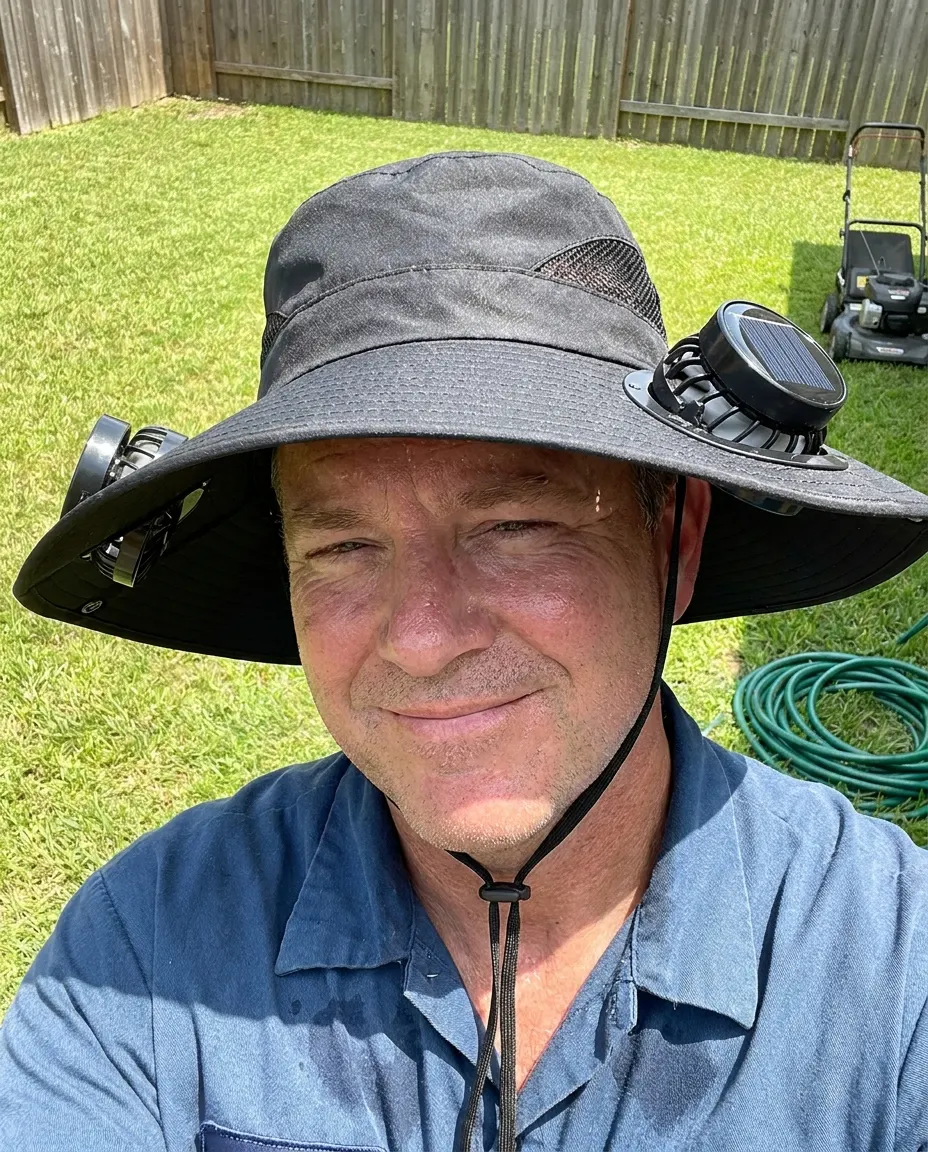 Close-up of the BreezeBrim brim with dual fans angled toward the face