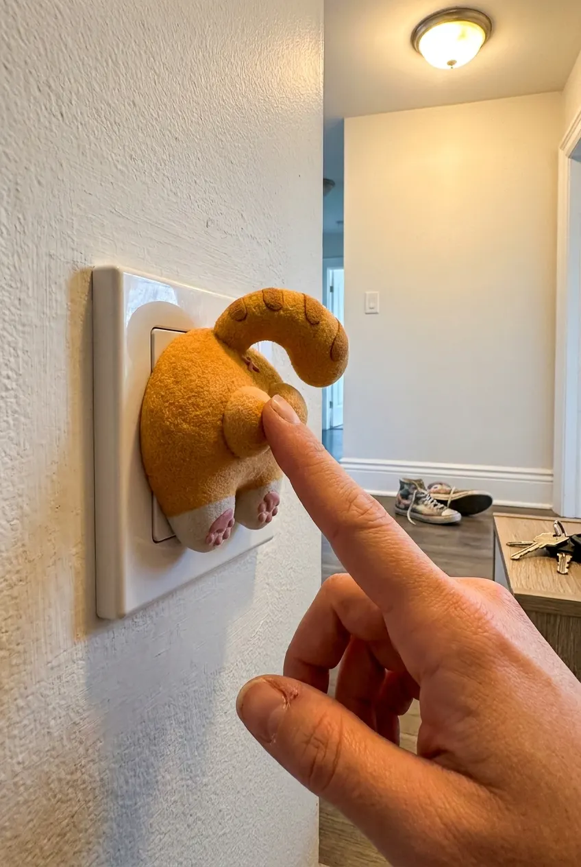 A fingertip pressing one sculpted cat cheek on a wall switch cover