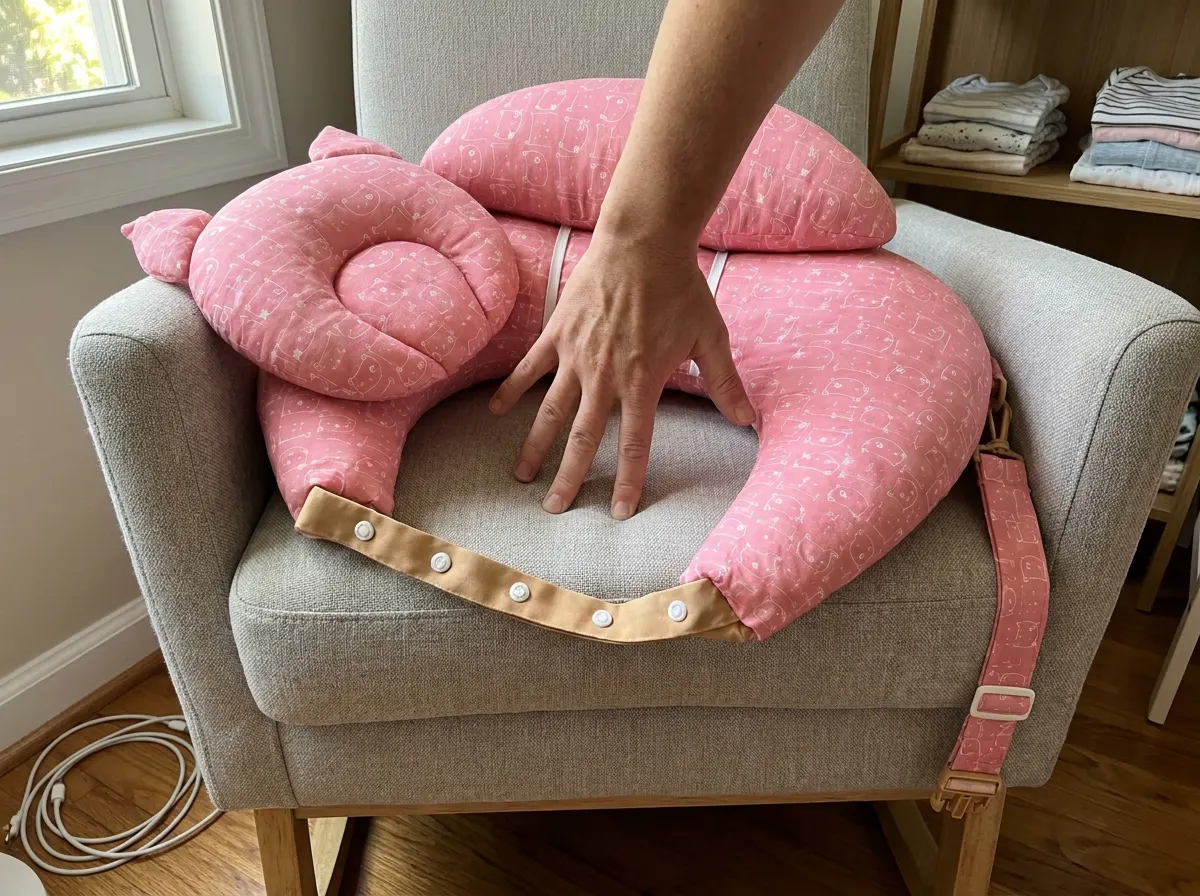 Close-up of the rose-pink padded cradle, printed fabric, seams and firm foam