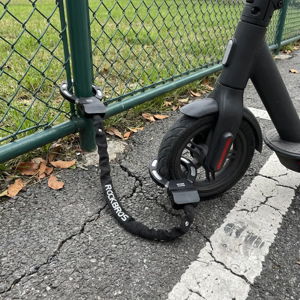 Chain threaded through the scooter wheel and around a metal fence, cuff cylinders closed