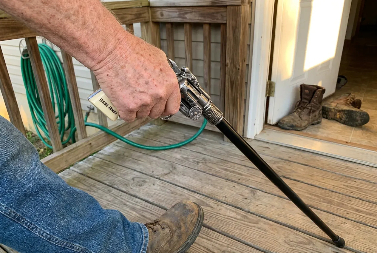 Hand gripping the cast revolver handle of the cane, bearing weight