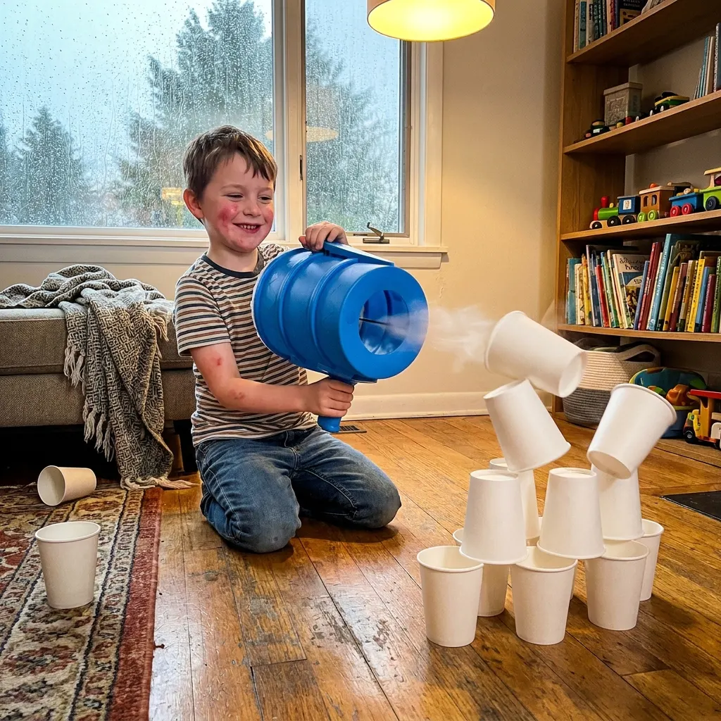 A kid tapping the assembled air cannon as paper cups fly across the room