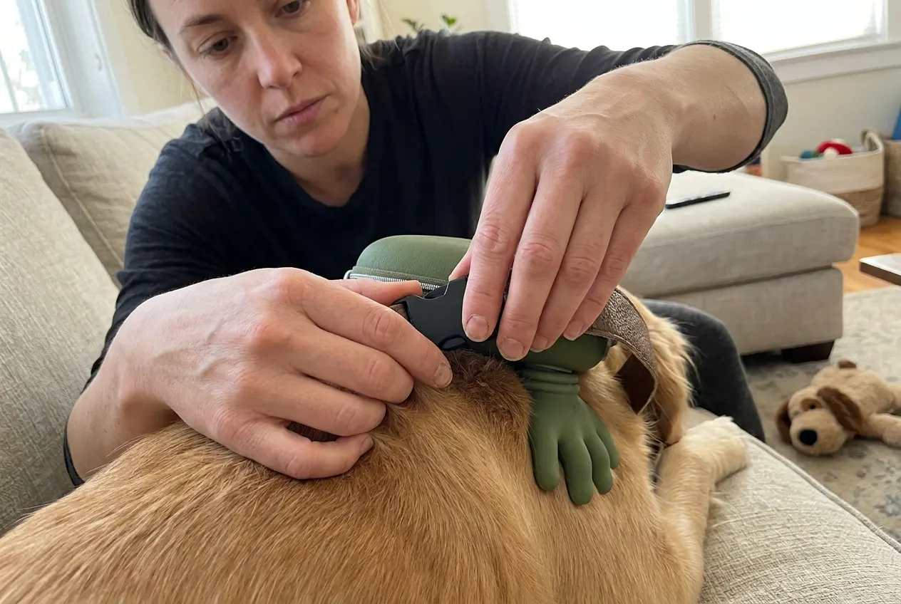 Dog using the massager