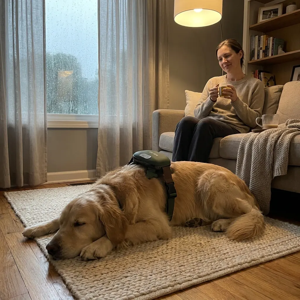 Relaxed dog lying down with the PawTherapy strap-on massager buckled across its back