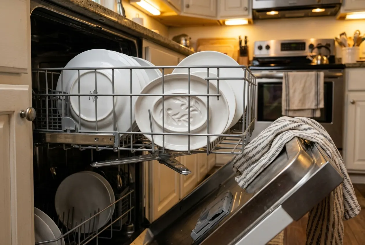 The clean dish being placed in a dishwasher rack