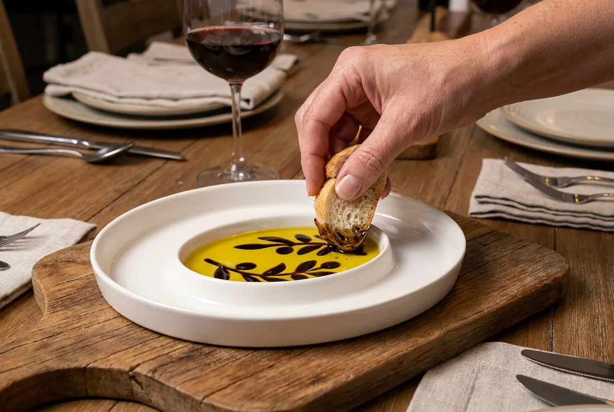 Oil pooled over balsamic in the recessed well