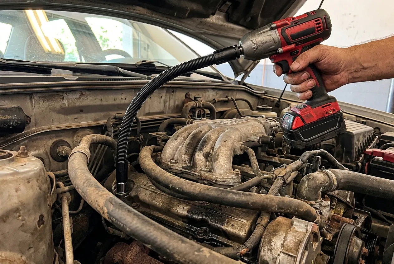 Flexible S2 steel bar bending to reach a hidden engine-bay bolt