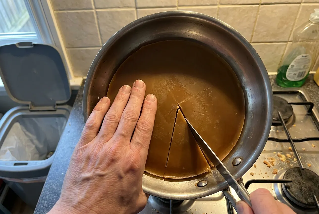 The same pan of cooled oil after GreaseLock, tilted at the same angle and completely solid, with the caramel-colored disc being lifted out whole