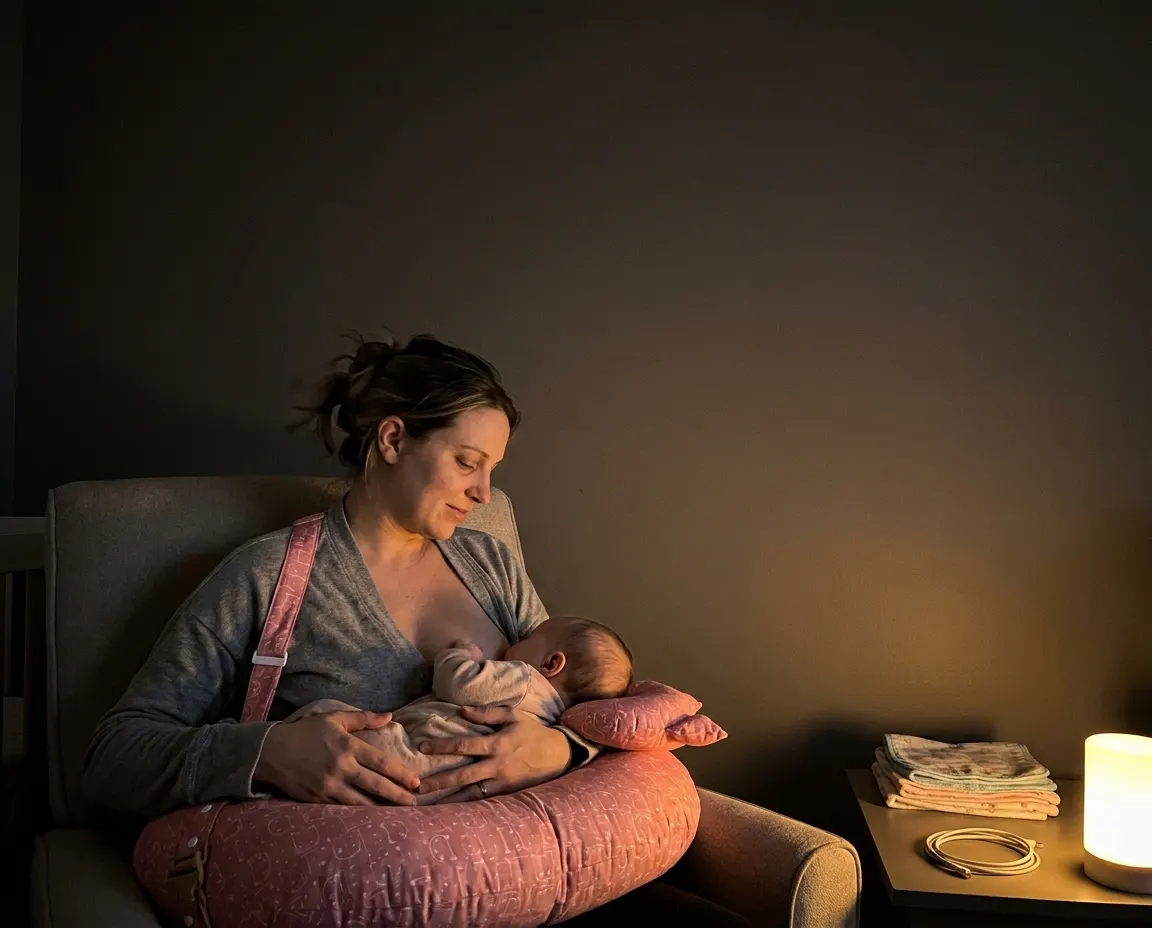 A mother feeding her baby in a dim nursery, sitting upright and comfortable
