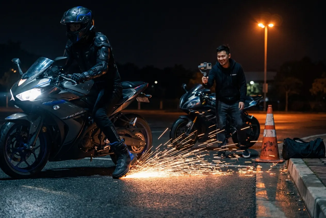 Rider grinding sparks off the boot during a night session