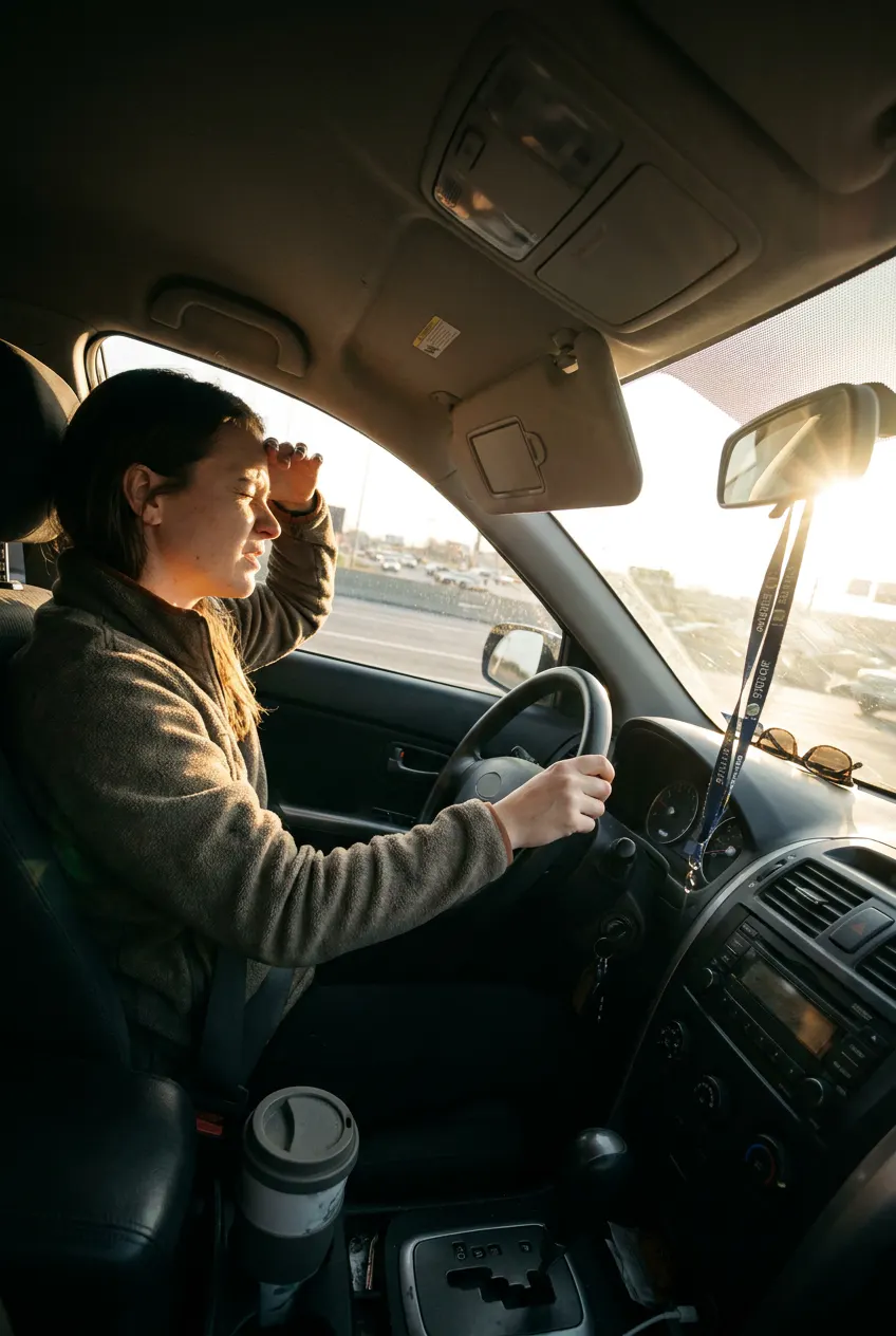 Driver shading her eyes with her hand because the factory visor misses her sight line