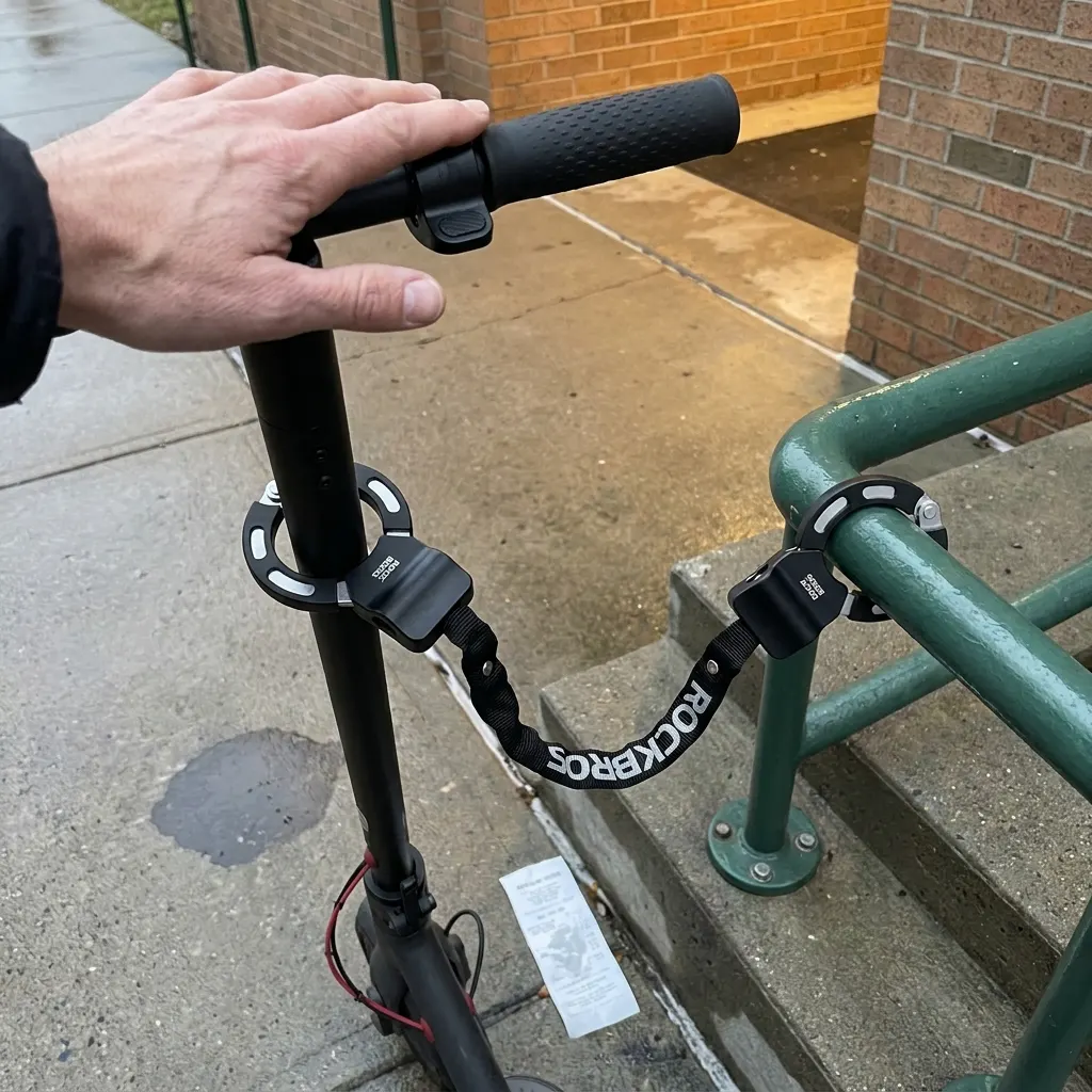 Chain wrapped around the scooter stem and the same metal anchor, cuff cylinders closed