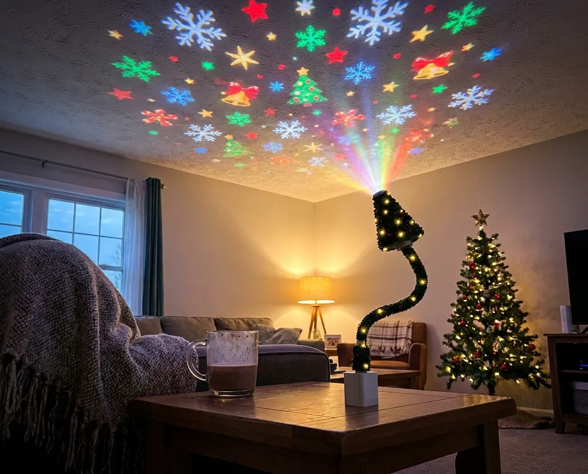 A dark living room with a warm Christmas projection glowing across the ceiling