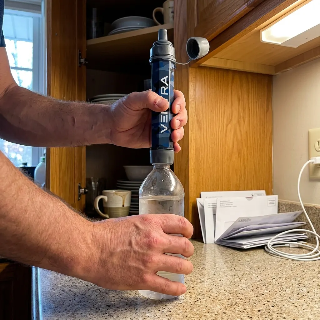 The filter straw threaded onto a standard plastic bottle