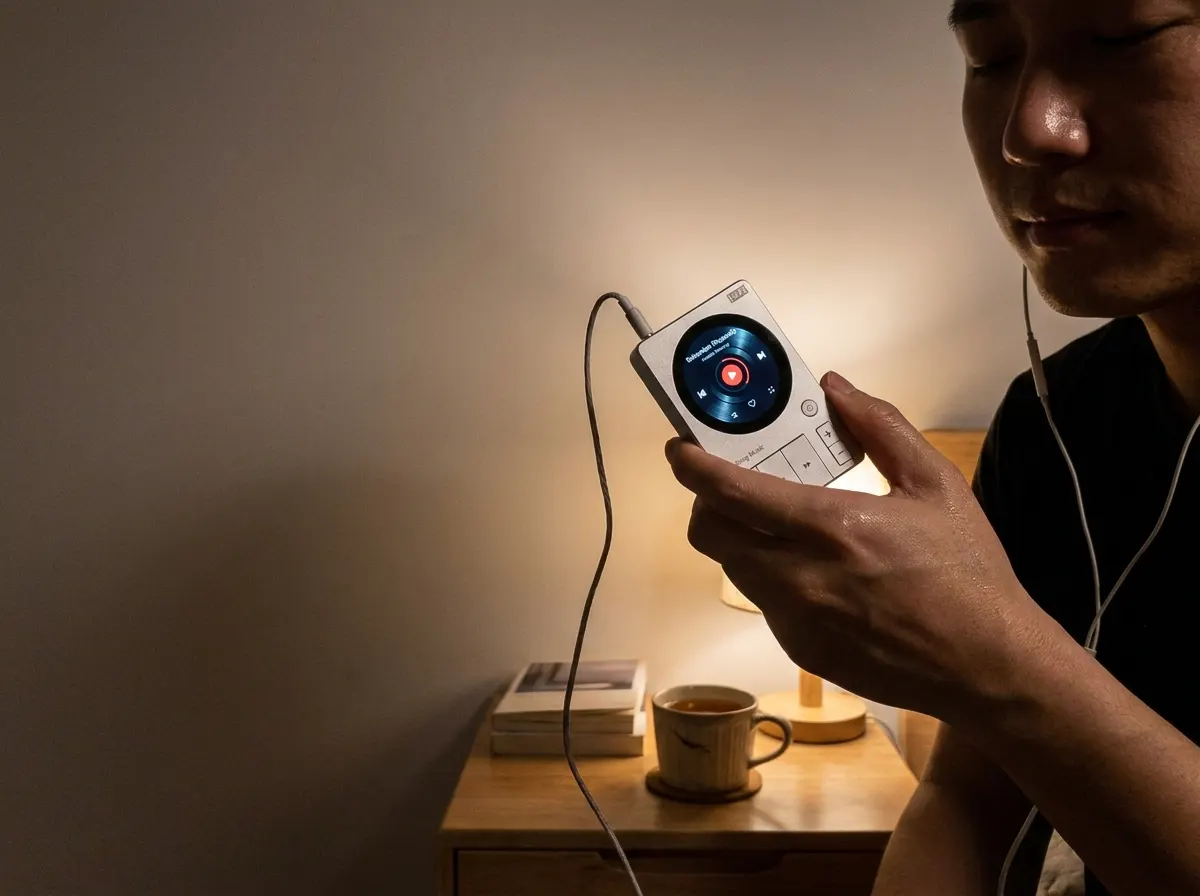 A hand holding the Ventra music player, vinyl display glowing, wired earbuds trailing out of frame