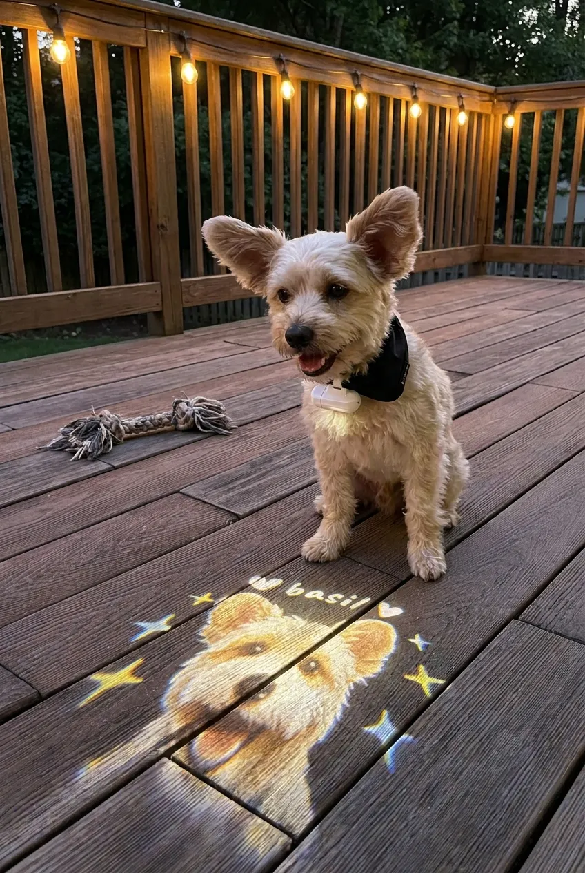 A dog wearing the Ventra projector, its face glowing on the path