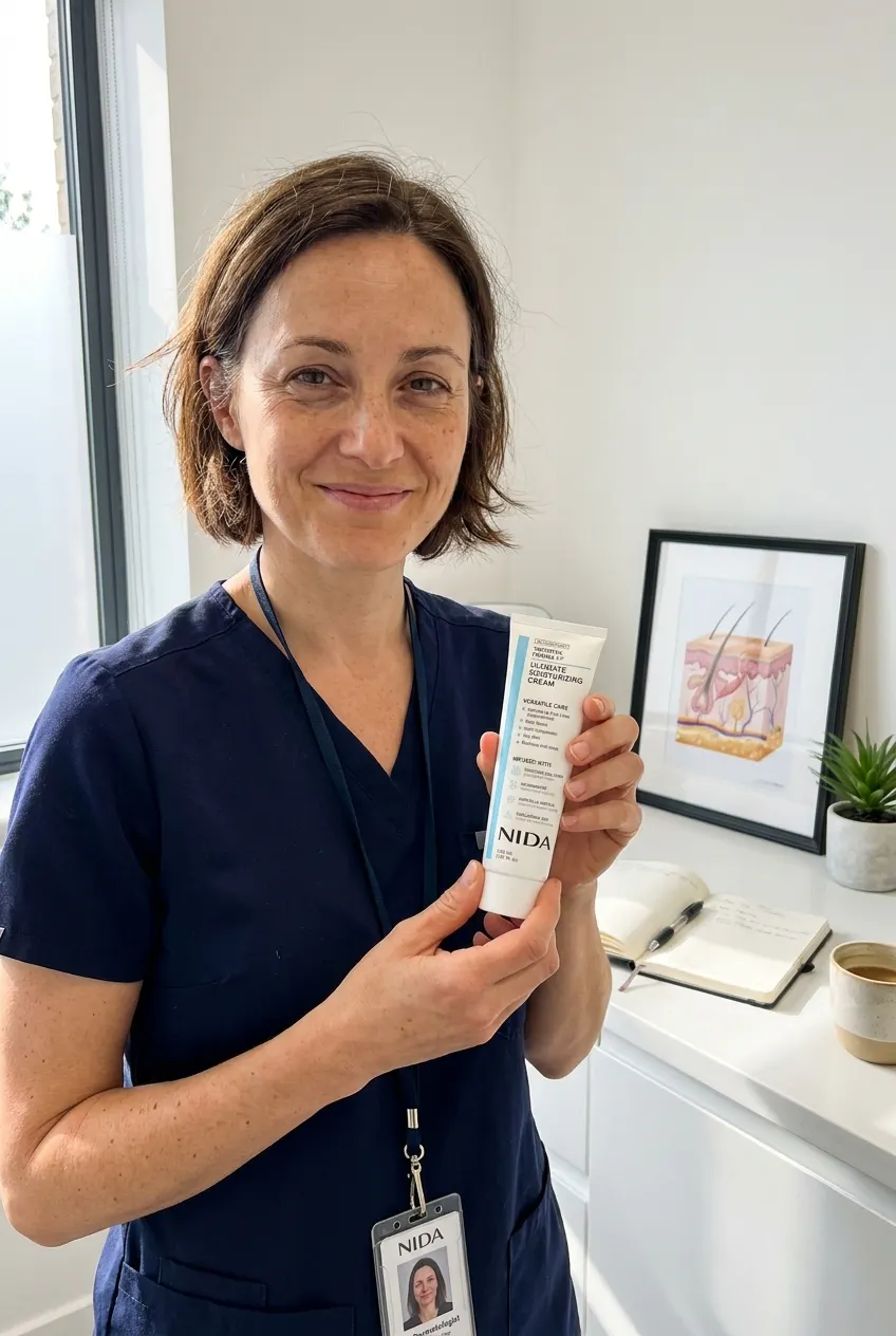 Board-certified dermatologist holding the AgeLess Ultimate Moisturizing Cream in a treatment room