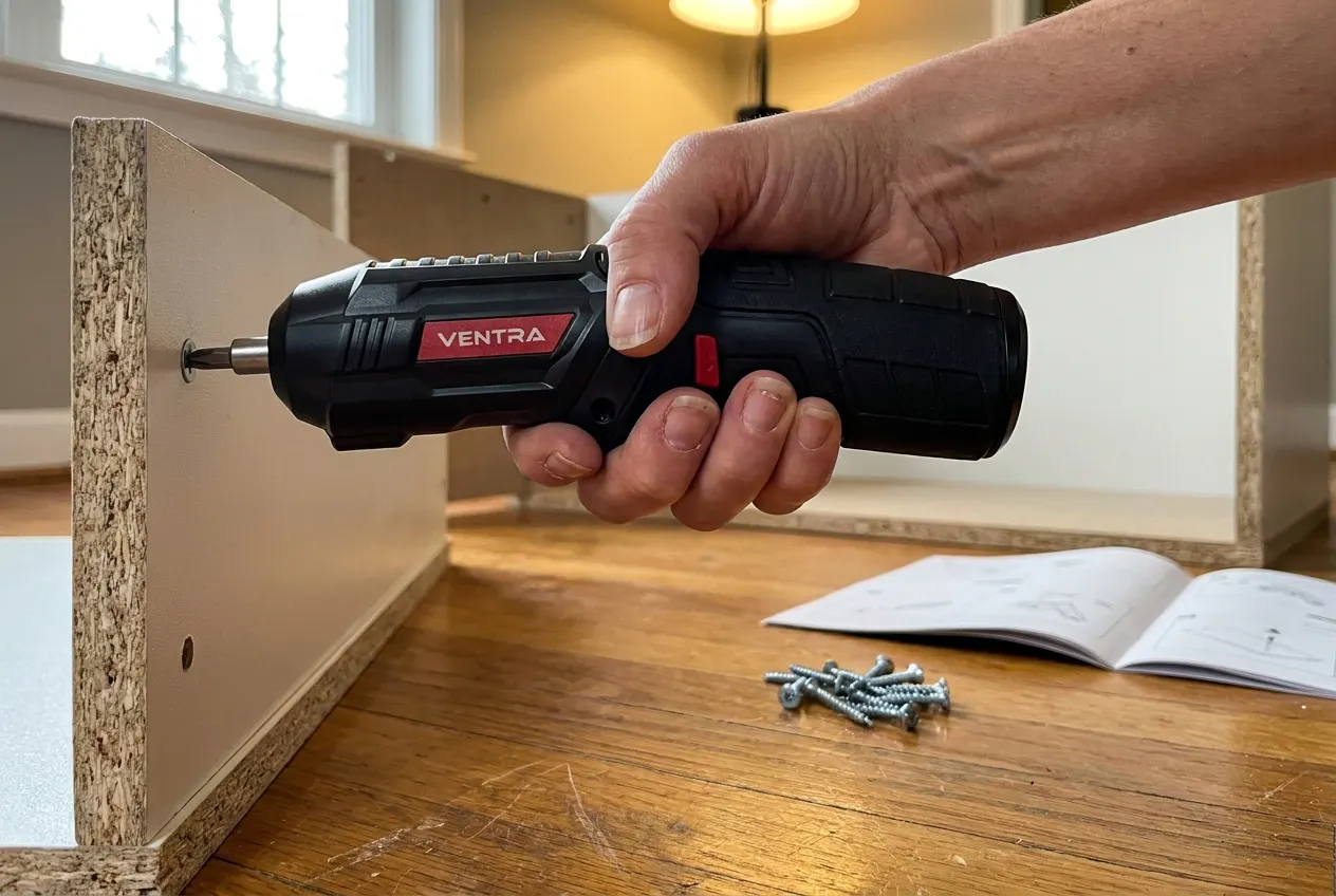A fresh screw driven flush into a furniture panel by the Ventra screwdriver