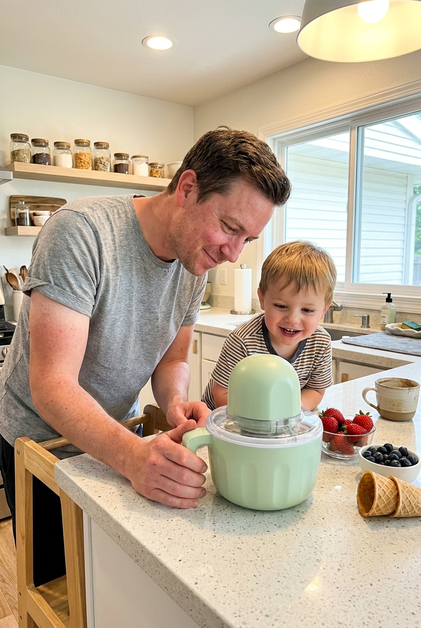 A child's hand adding fresh berries to a pastel-green ice cream maker mid-churn in a sunlit kitchen