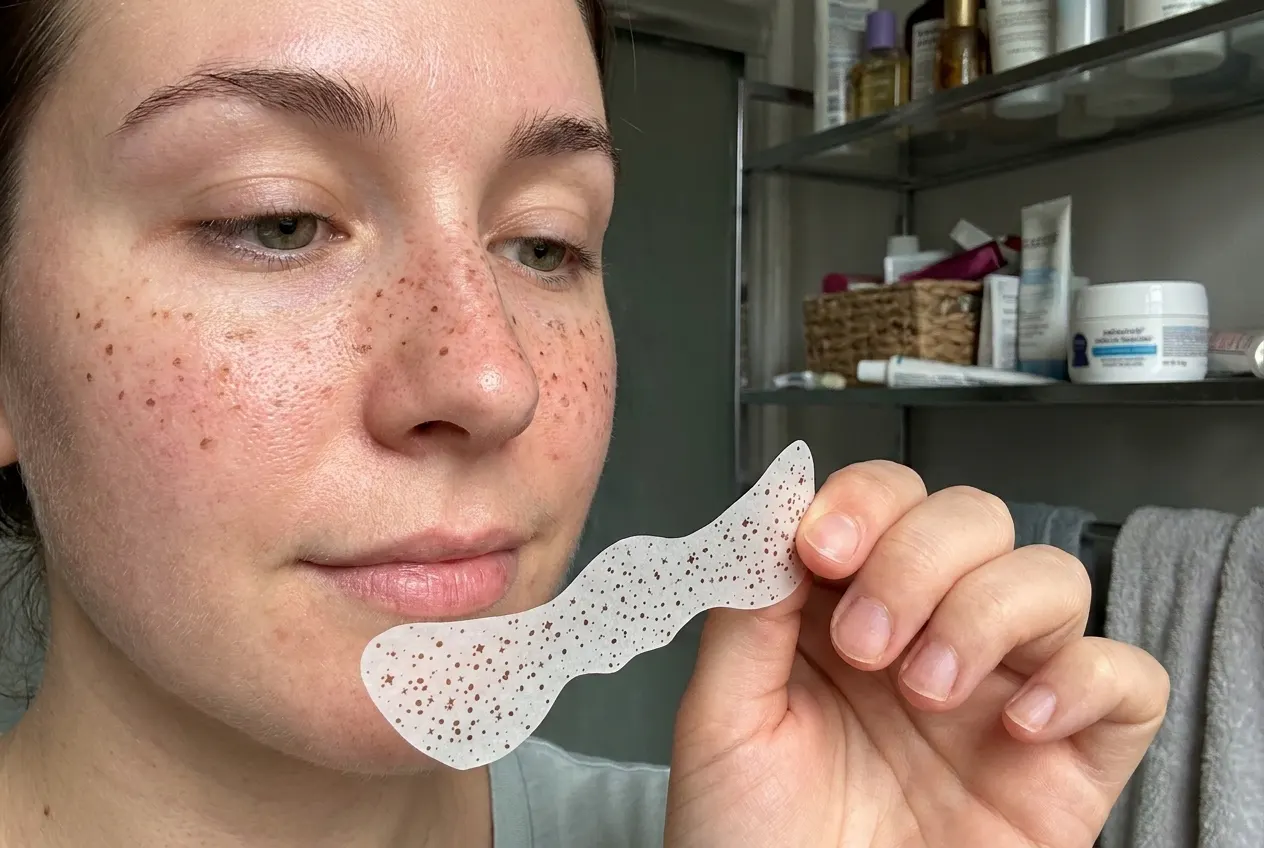 Close-up of a bare face with natural-looking freckles across the nose and cheeks