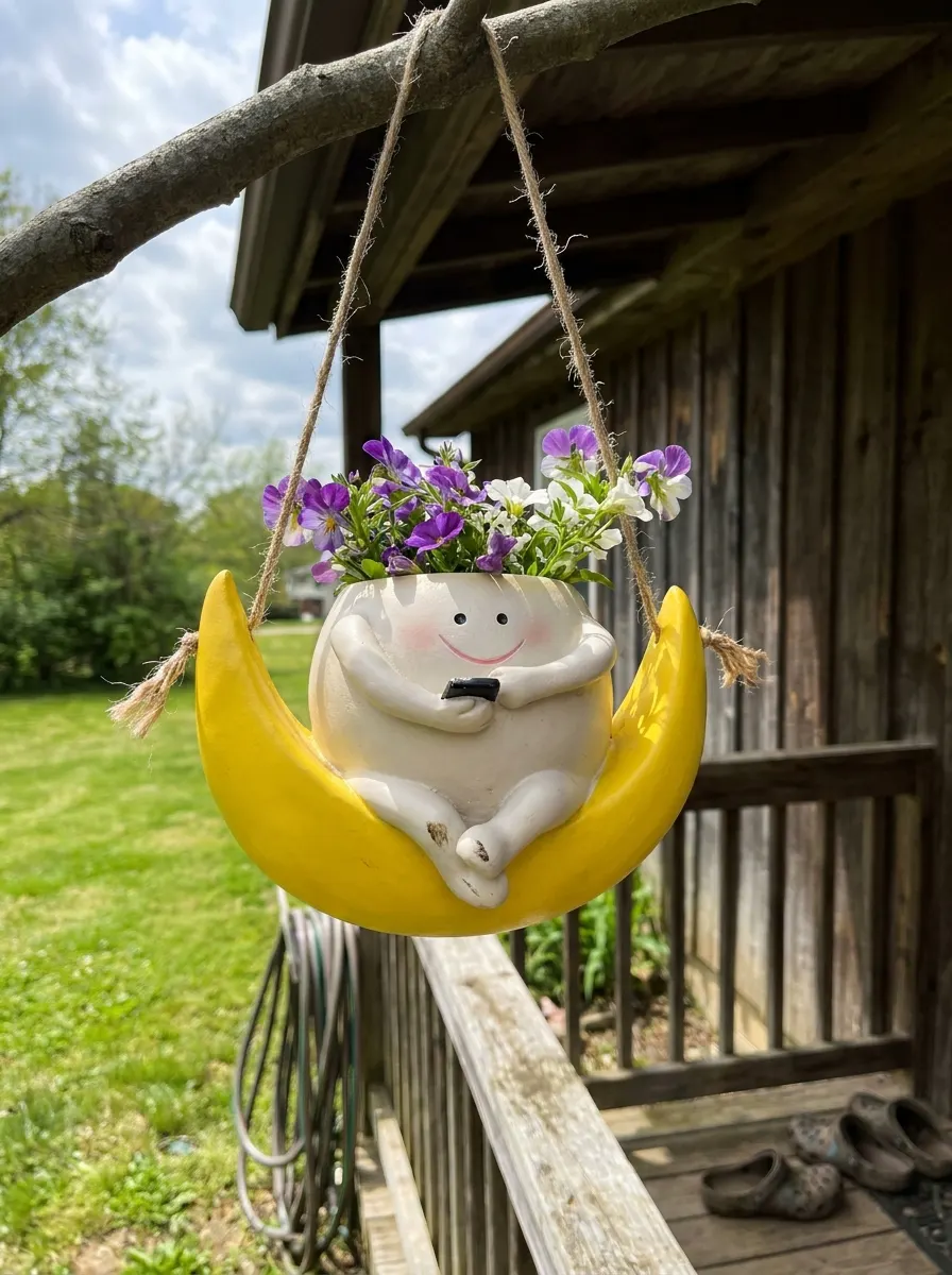 Smiling resin swing planter hanging from a tree branch with a small succulent planted in the top