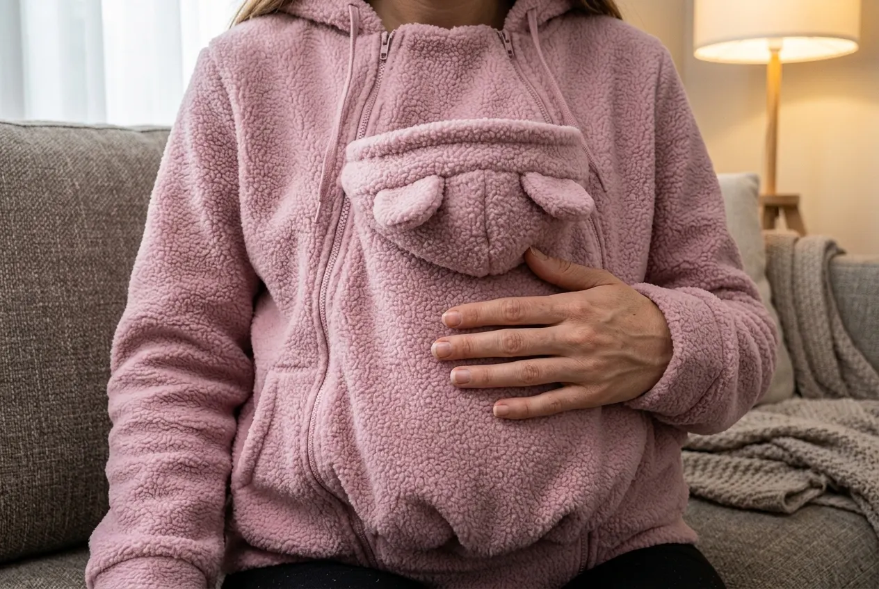 Close-up of the plush sherpa fabric and stitching of the CuddleCarry hoodie