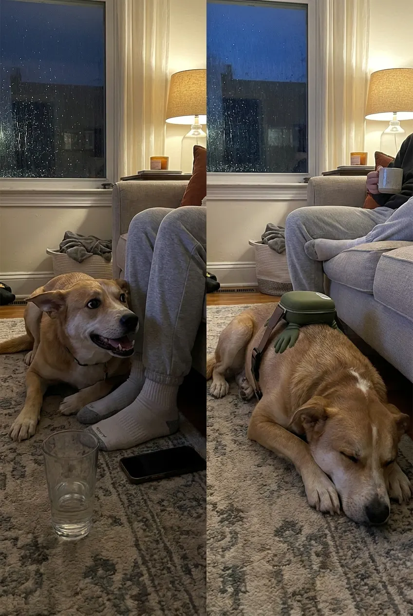 Calm dog resting peacefully with the massager on while the owner relaxes nearby