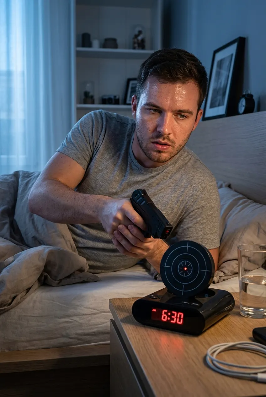 The Laser Target Alarm Clock mid-alarm in a dark bedroom, bullseye popped up, infrared gun raised
