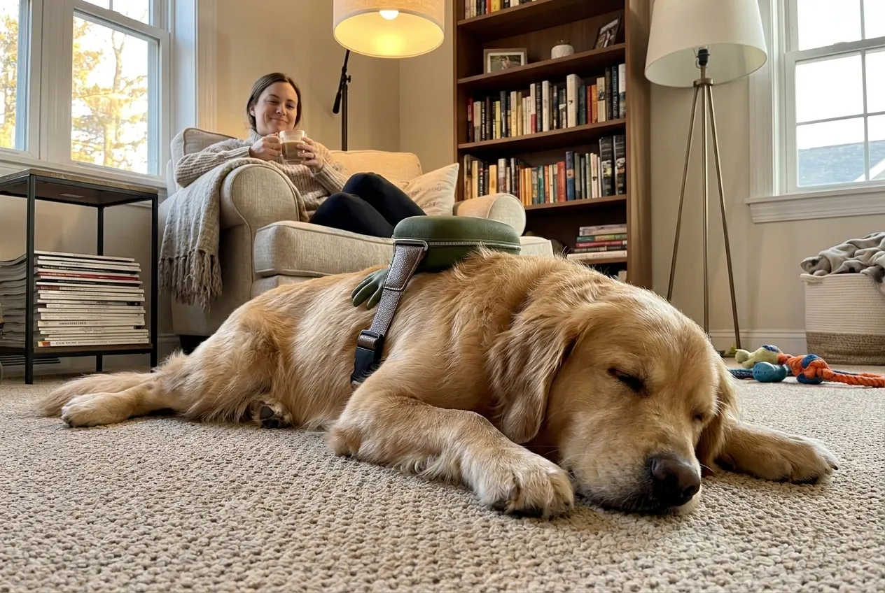 Dog lying down relaxed while the massager runs hands-free on its own
