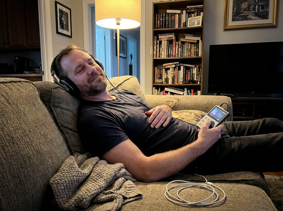 Close-up of a thumb on the PocketTunes scroll wheel on a couch