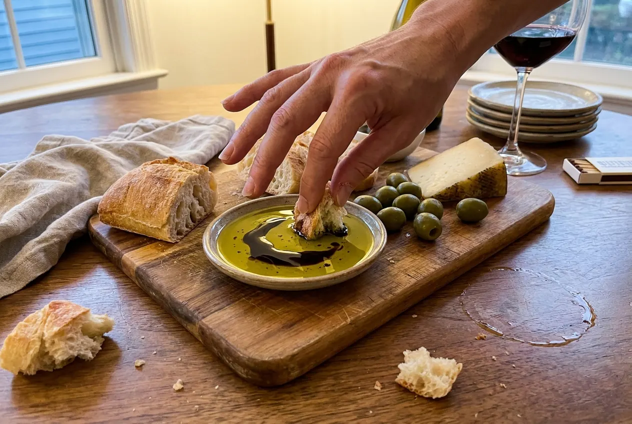 The dipping dish mid-ritual with oil pooled over balsamic and torn bread