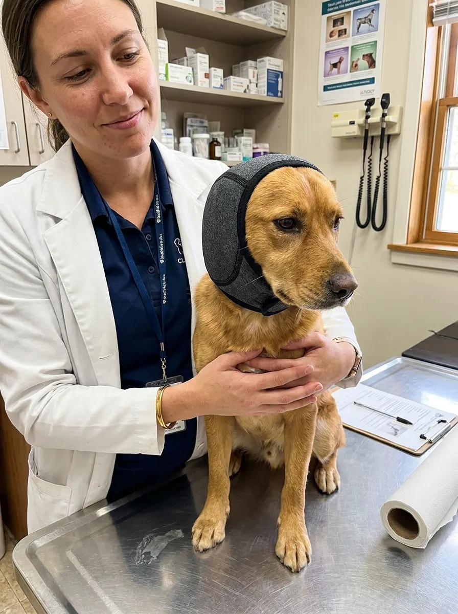 Veterinarian with a dog wearing the calming ear muffs