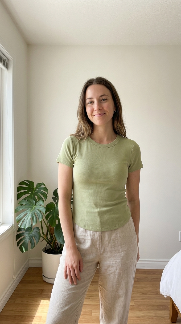 Woman wearing the fitted built-in-bra tee with a lifted, shaped silhouette