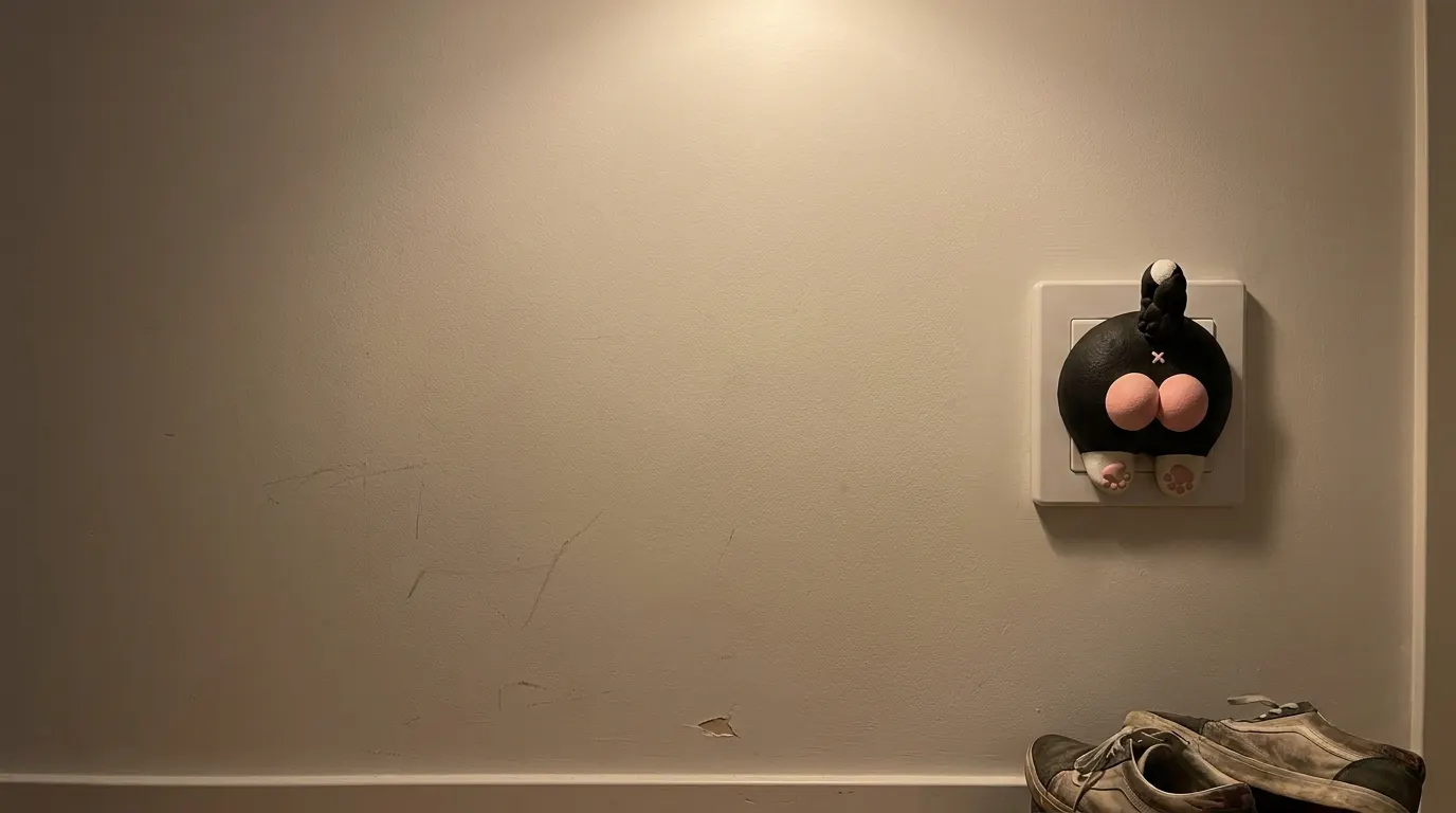 The hallway wall with the cat switch cover mounted and the room warmly lit