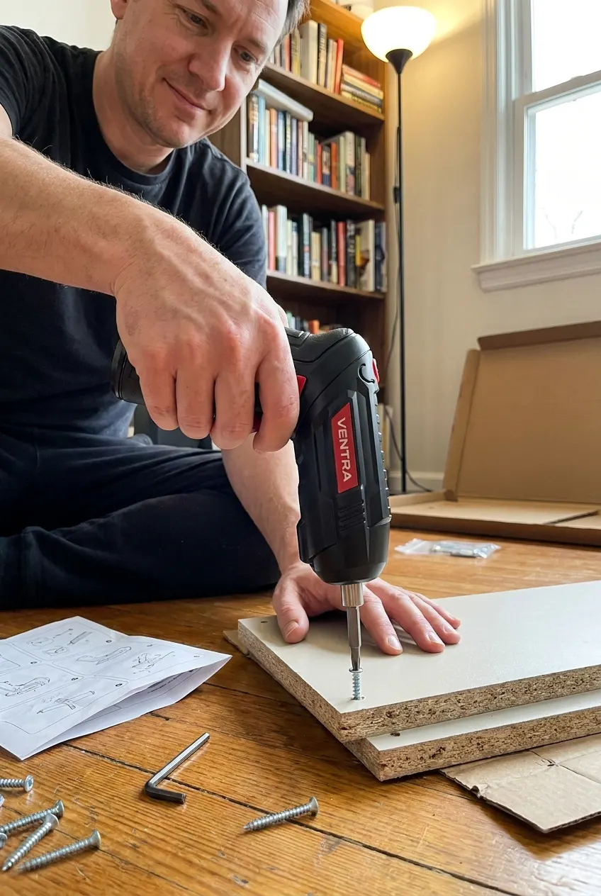 Ventra cordless electric screwdriver driving a screw flush into a furniture panel