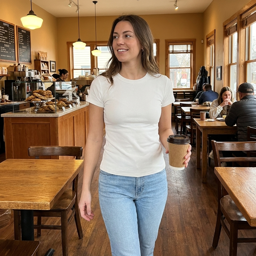 Woman relaxed at home in the Sage Green tee