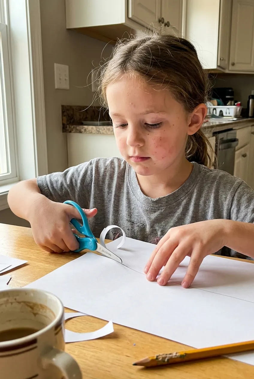 A child's left hand cutting a clean line through paper with LeftyCut scissors