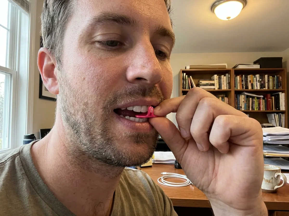 Bite the flat base to hold it steady
