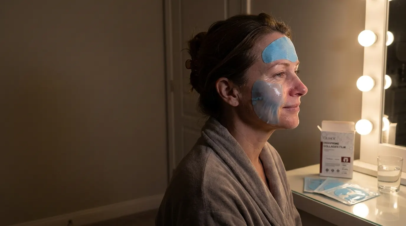 Collagen patch dissolving on a woman's cheek at her evening vanity