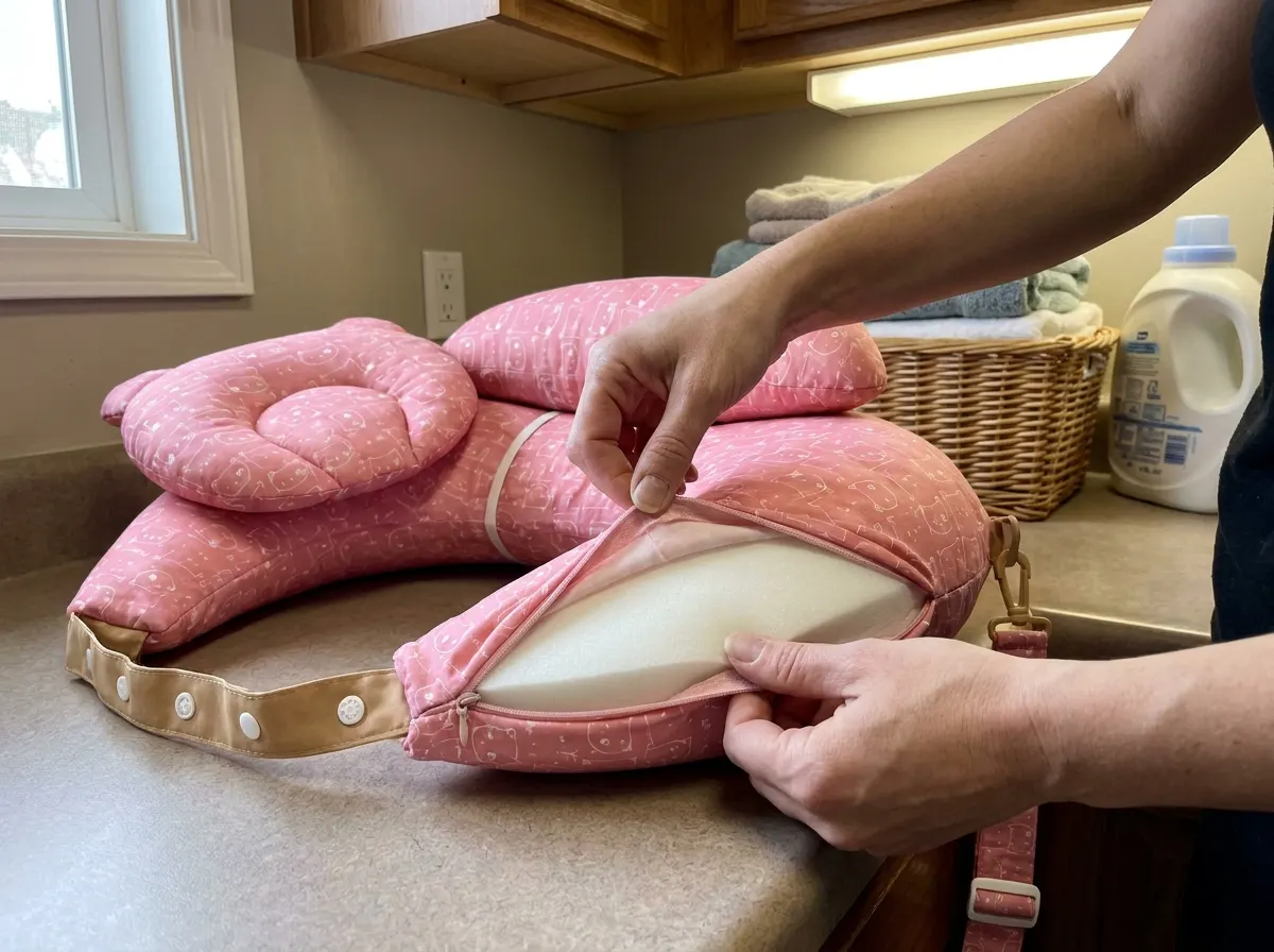 Hands removing the washable fabric cover from the CuddleArm's foam core