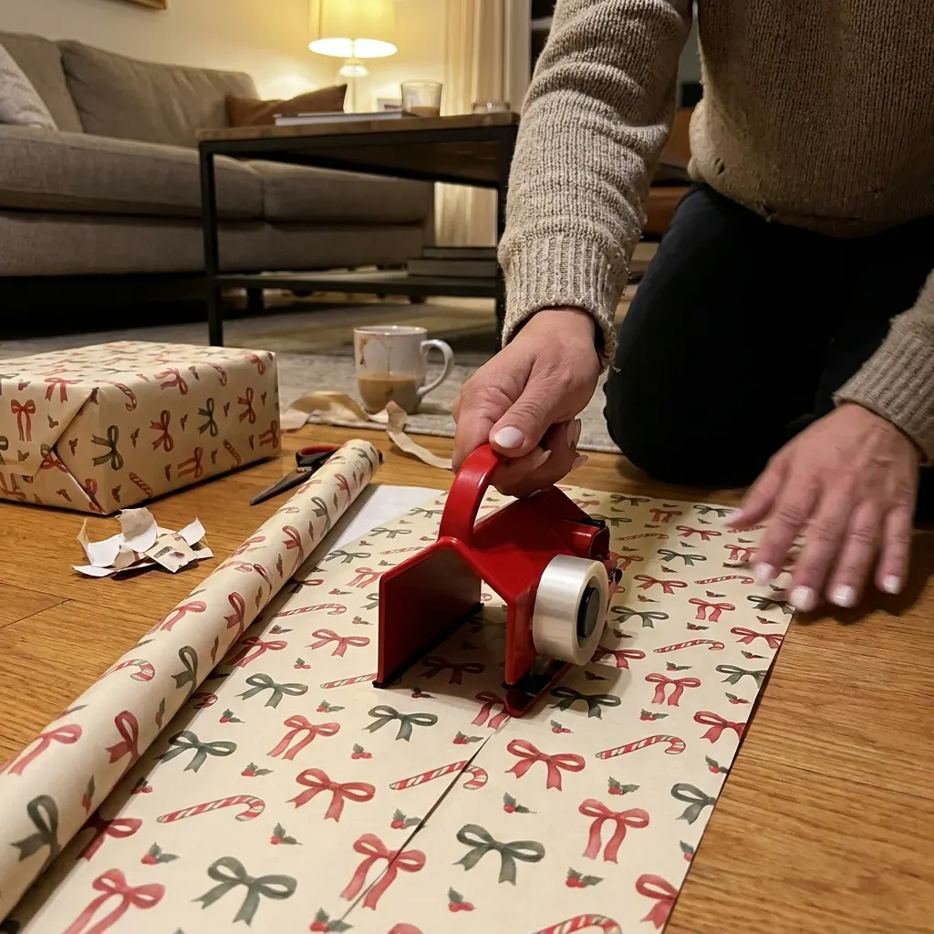 Hand gliding the WrapPro cutter along a roll of festive wrapping paper