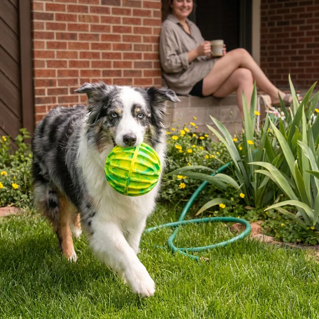 Large breed dog carrying the ridged KONG fetch ball in a backyard