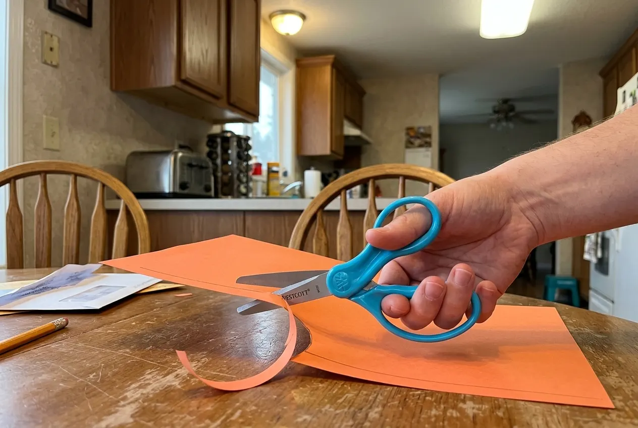 Stainless steel blades shearing a clean continuous line through paper