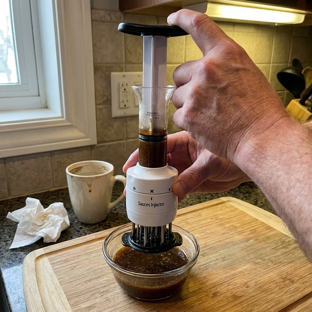 Filling the graduated barrel with marinade