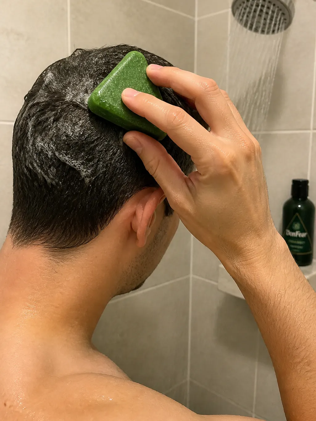 The herbal bar being massaged directly into a wet scalp in circular motions