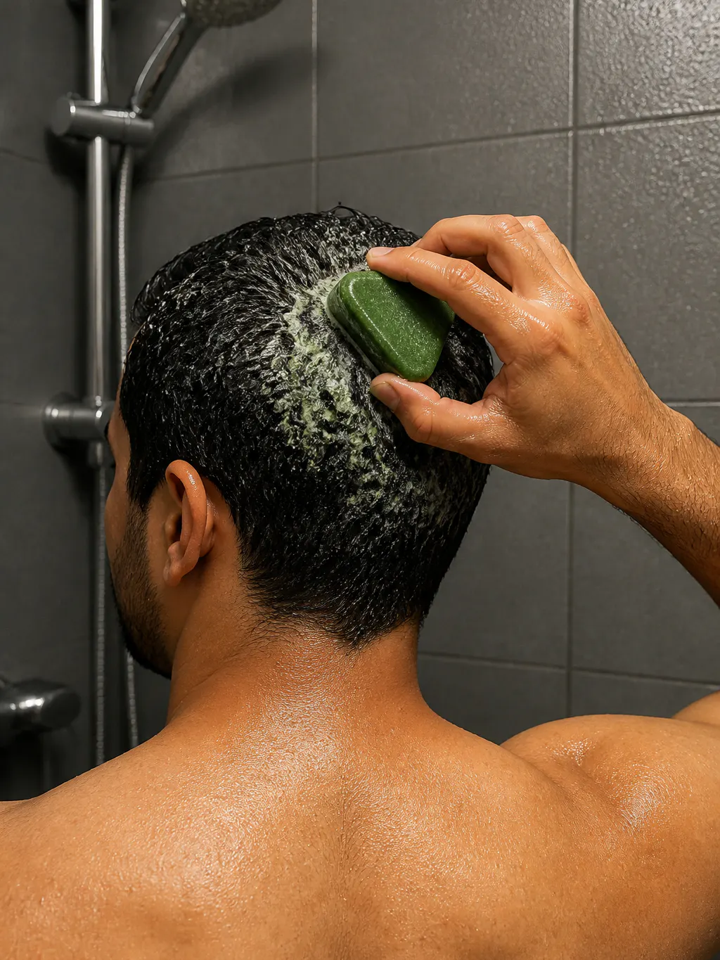 Man rubbing the herbal hair bar into his wet scalp in the shower