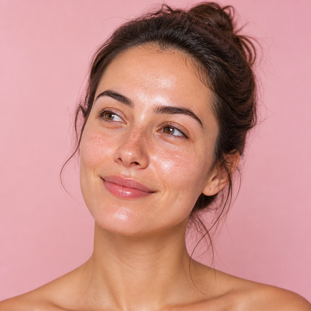 Glowing glass skin after applying the pink peptide serum