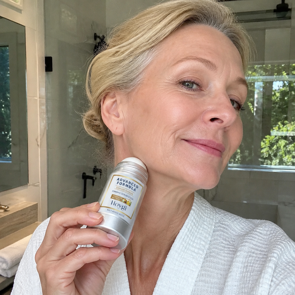 Woman swiping the SeoulGlow firming serum stick along her firm, lifted neck